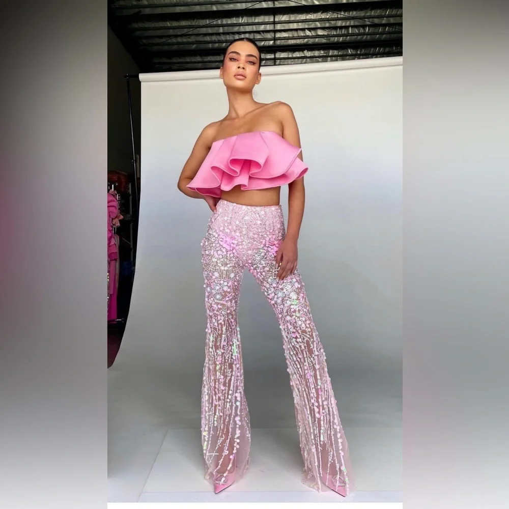 Eliya The Label Alyce Pink Sequin Flare Pants US 4 High Waist SOLD OUT - Picture 2 of 12